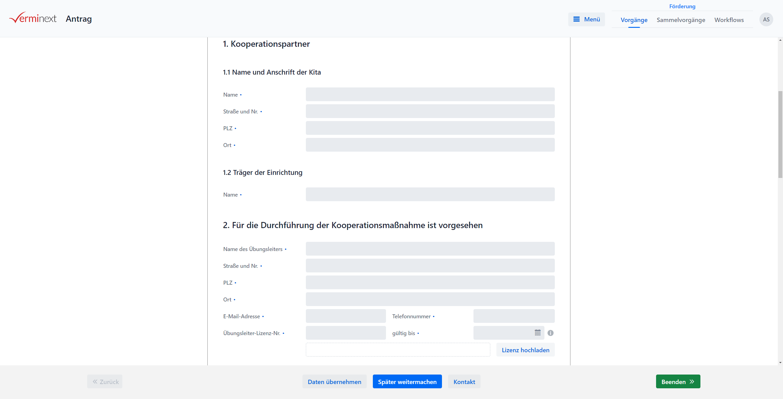 Verminext: Formularansicht - Oberfläche zur Bearbeitung der Formulare